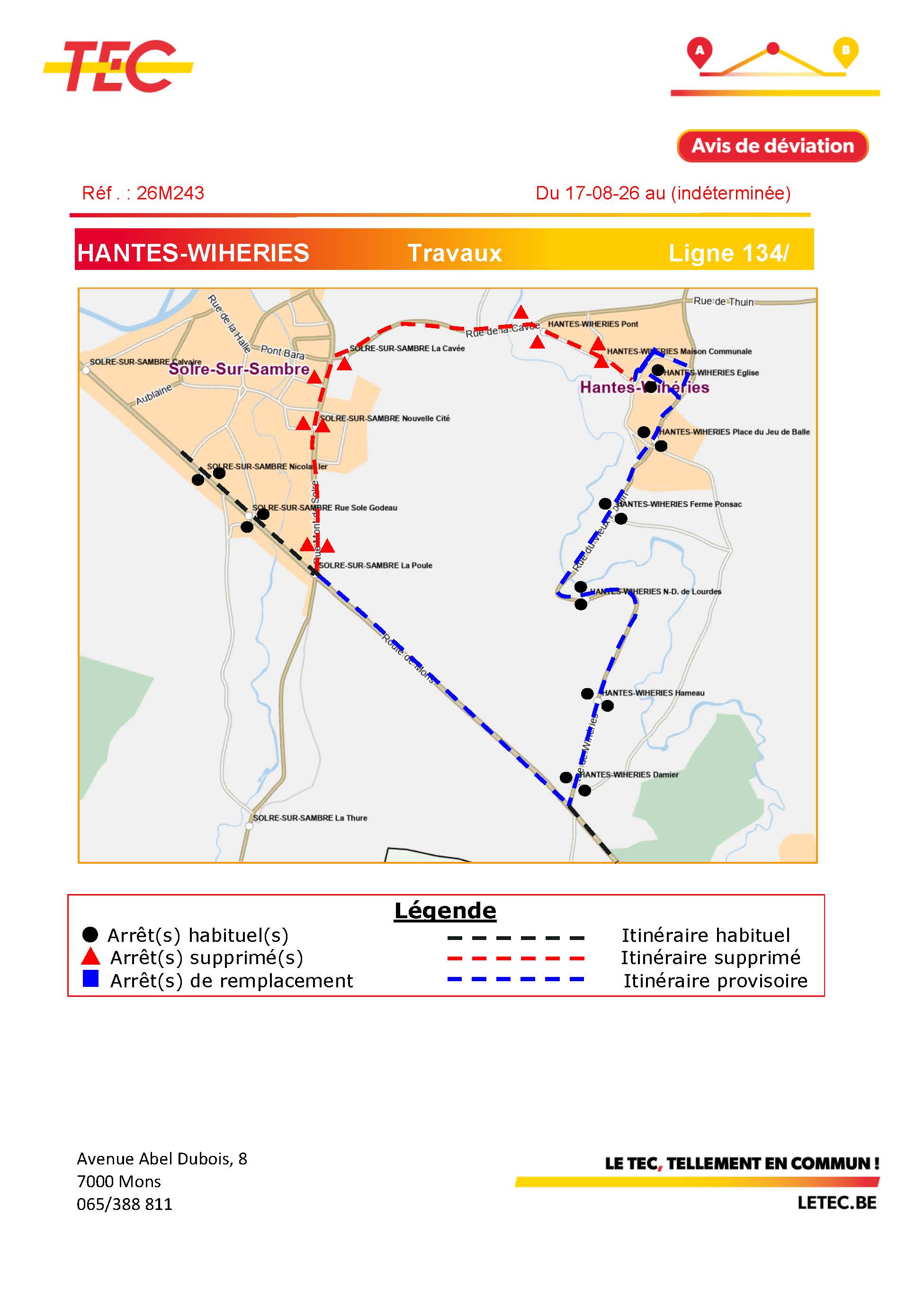 Travaux dans les rues Cavée et de Thuin : modifications des bus TEC